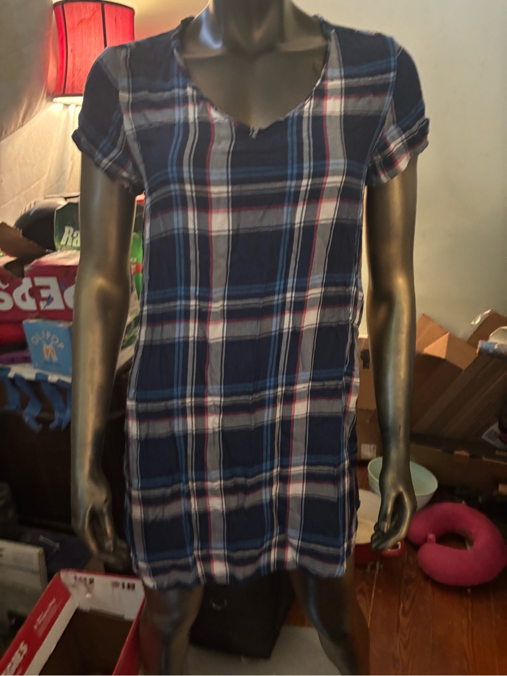 cloth & stone Navy Plaid Short Sleeve long top or dress
